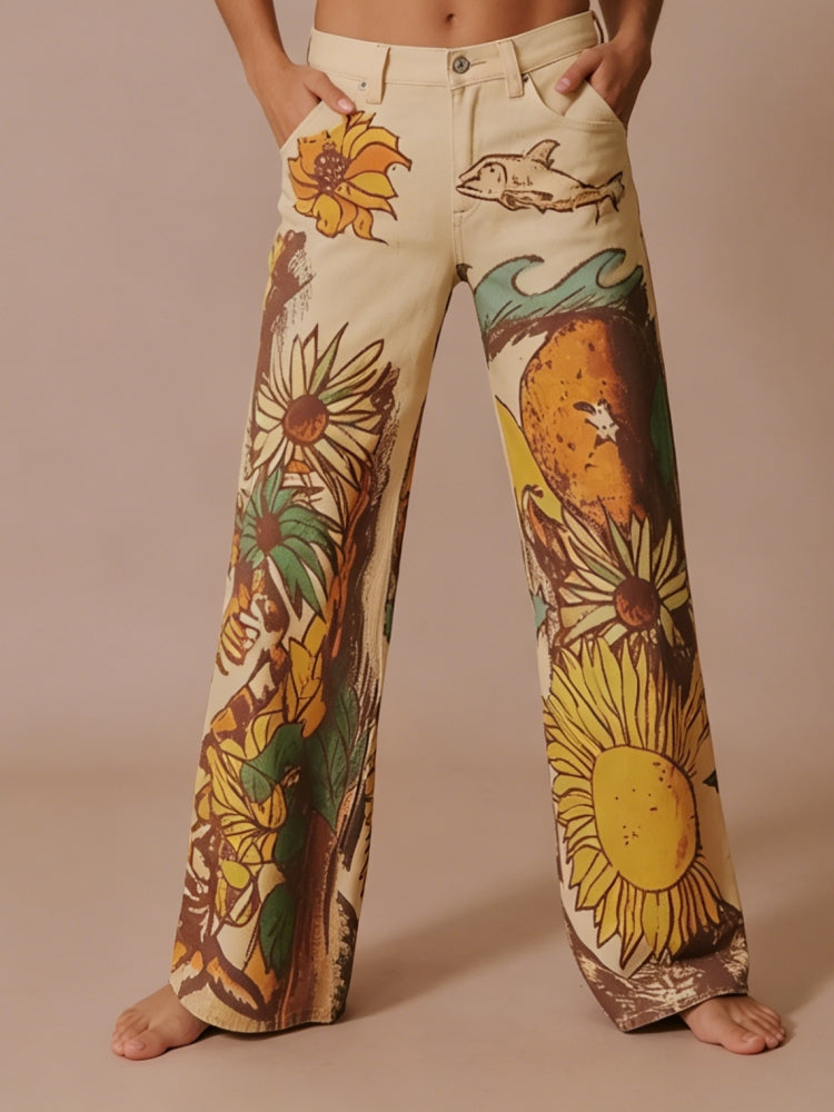 Sunflower Print Mid-Rise Straight Leg Jeans