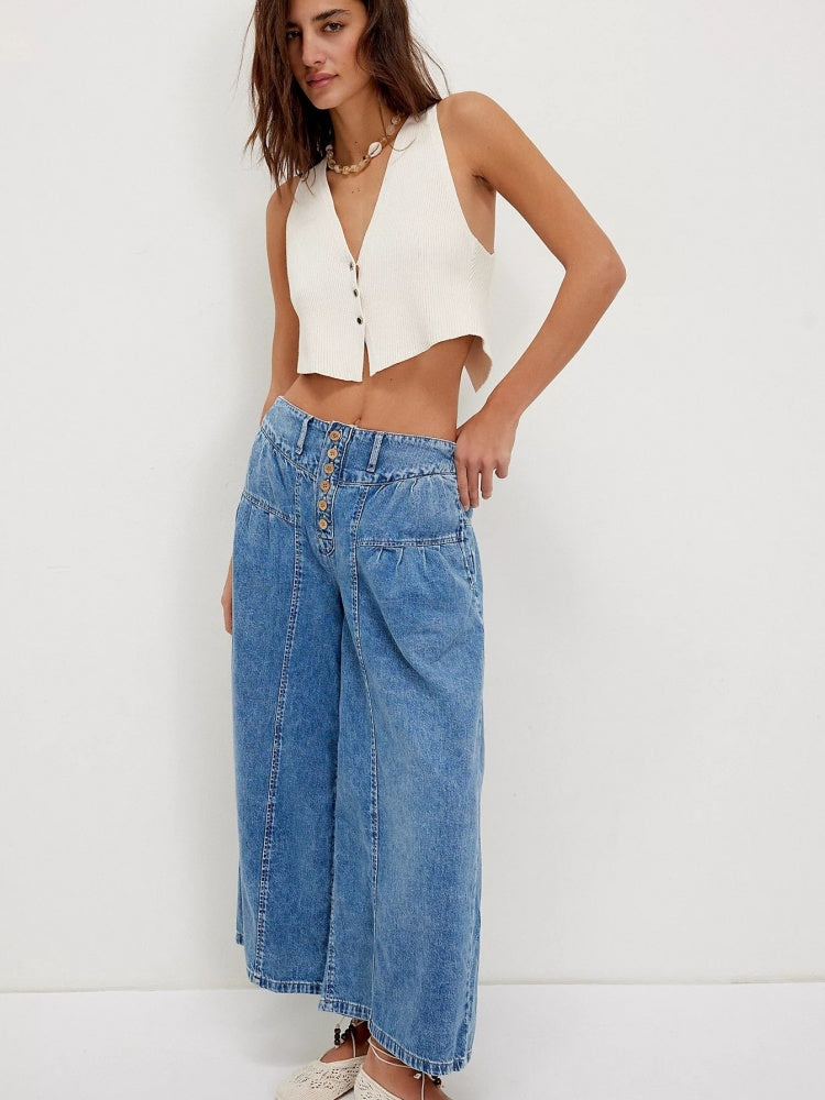 Pleated Front Button Jeans
