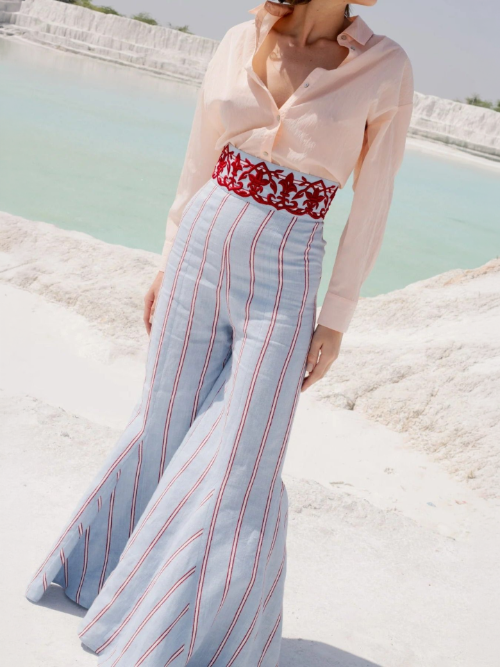 Blue Striped Wide-Leg Pants