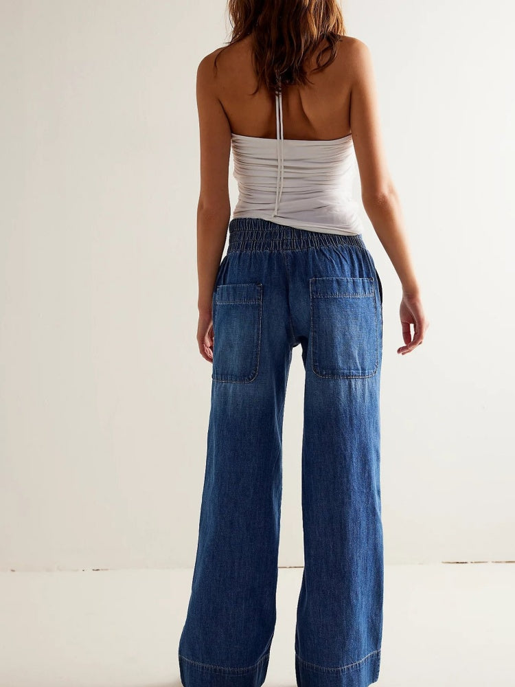 Elastic Waist Wide-Leg Jeans
