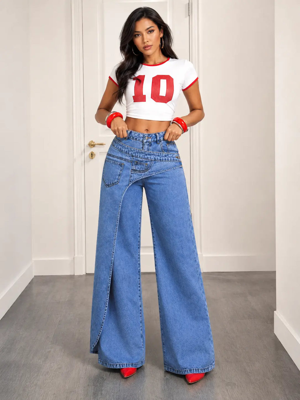 Asymmetric Overlay Wide-Leg Jeans