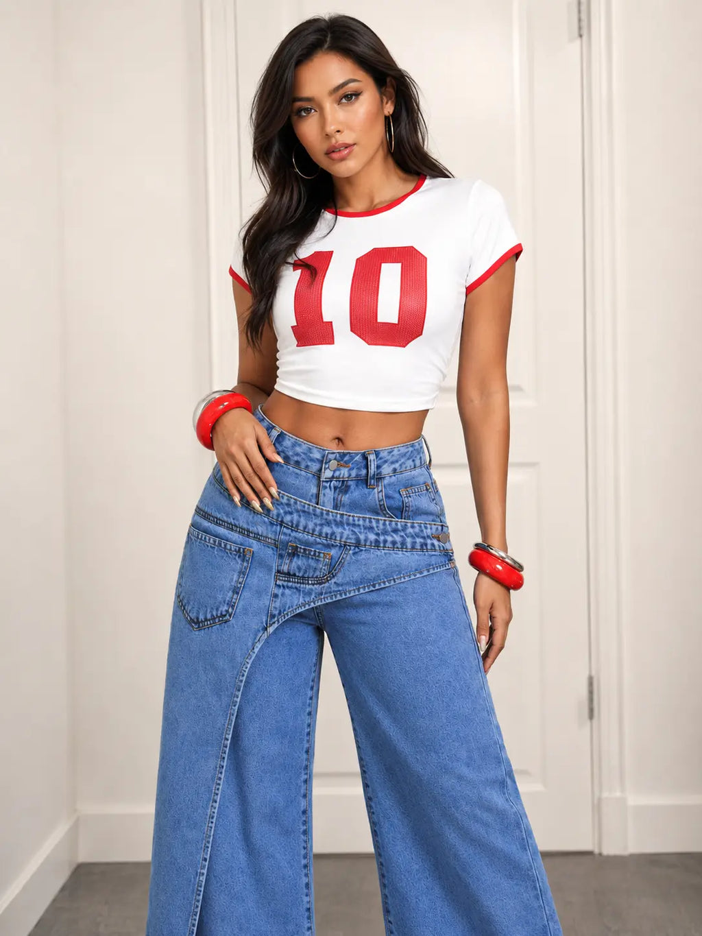 Asymmetric Overlay Wide-Leg Jeans