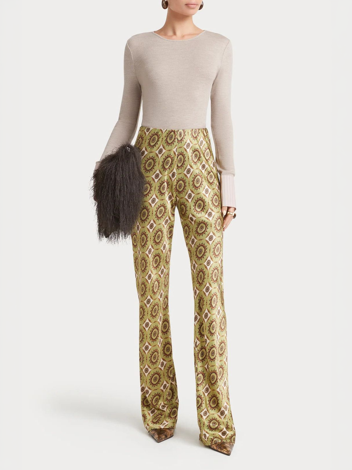 Printed Satin Bias-Cut Flare Pants
