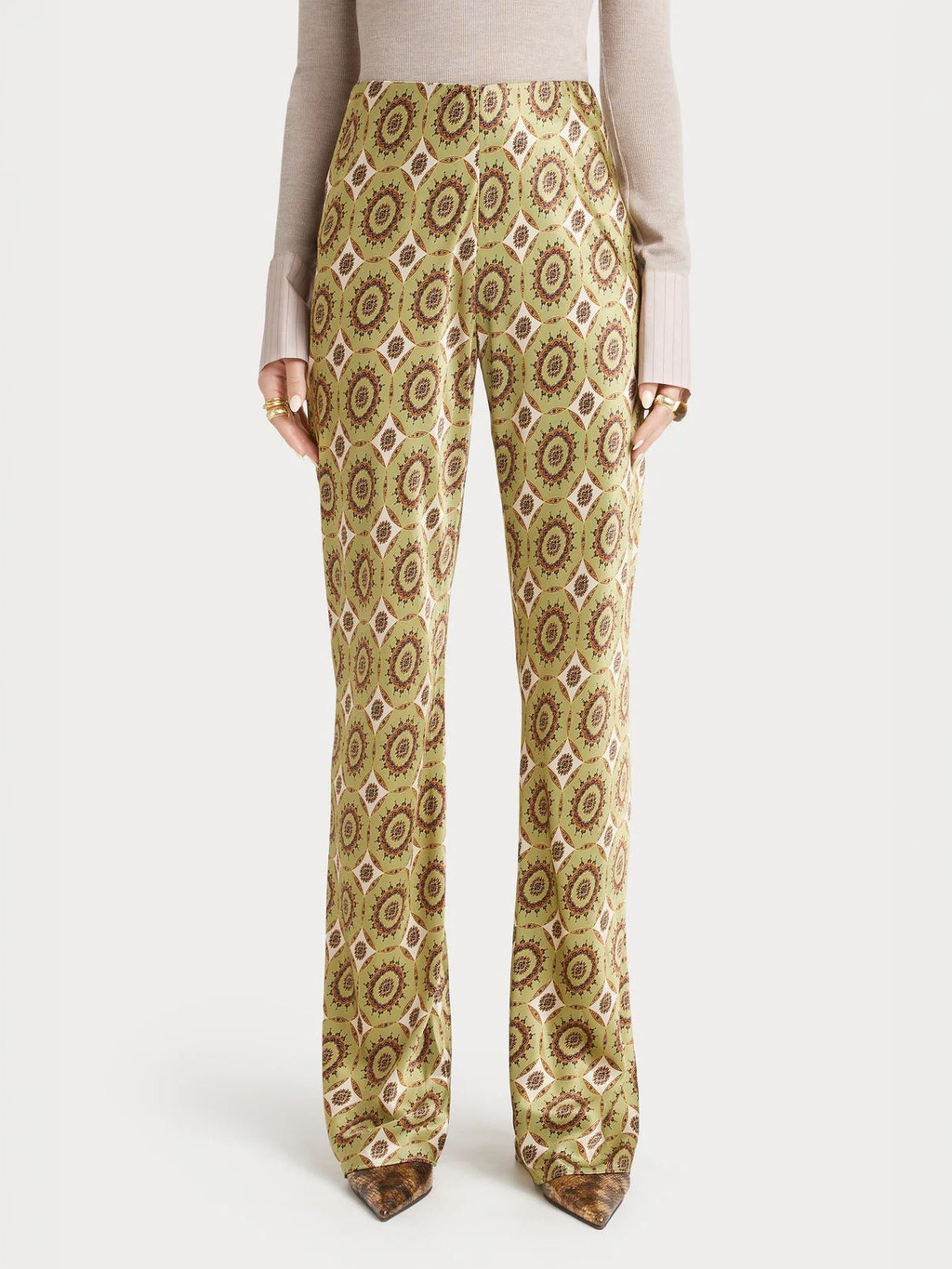 Printed Satin Bias-Cut Flare Pants